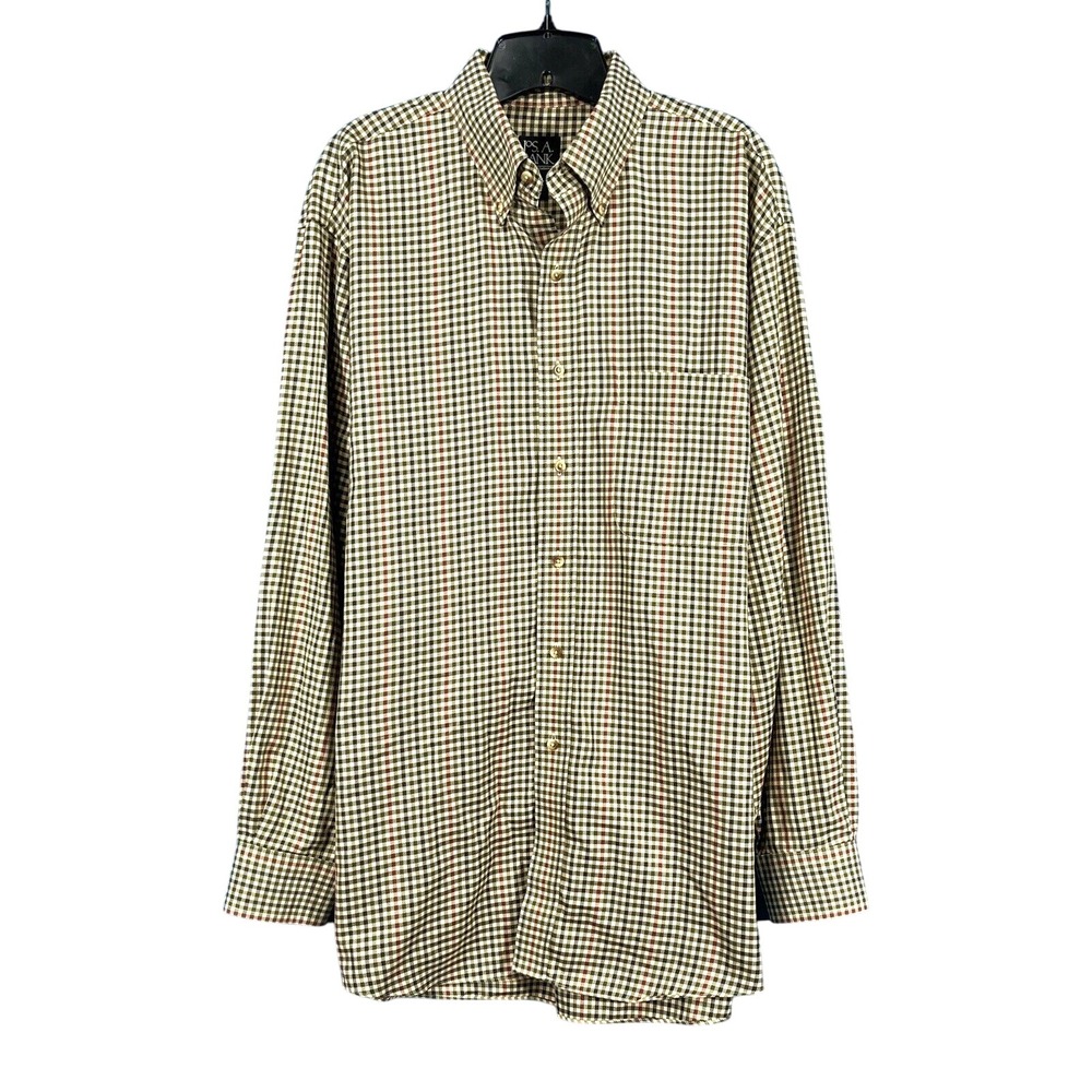 JOS A BANK Traveler's Collection BROWN/MULTI Check Plaid TWILL Button-Up SHIRT L